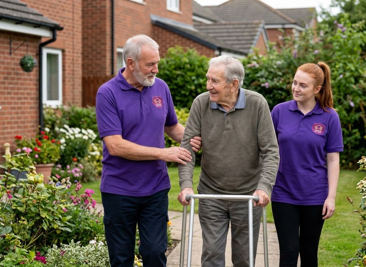 Eternity Care carer supporting an elderly man with a walking frame in his garden in Gateshead