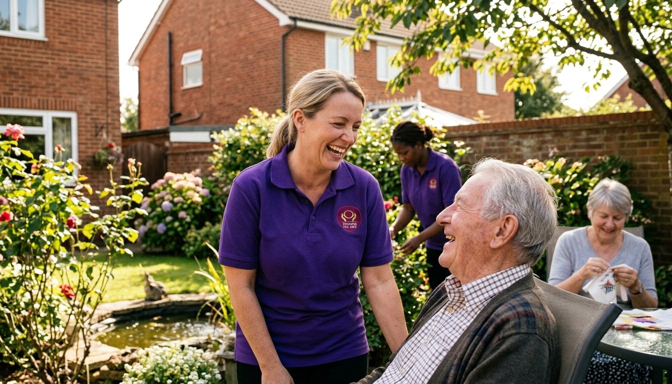 Eternity Care carer sharing a laugh with an elderly man in his garden, showing a rewarding care job