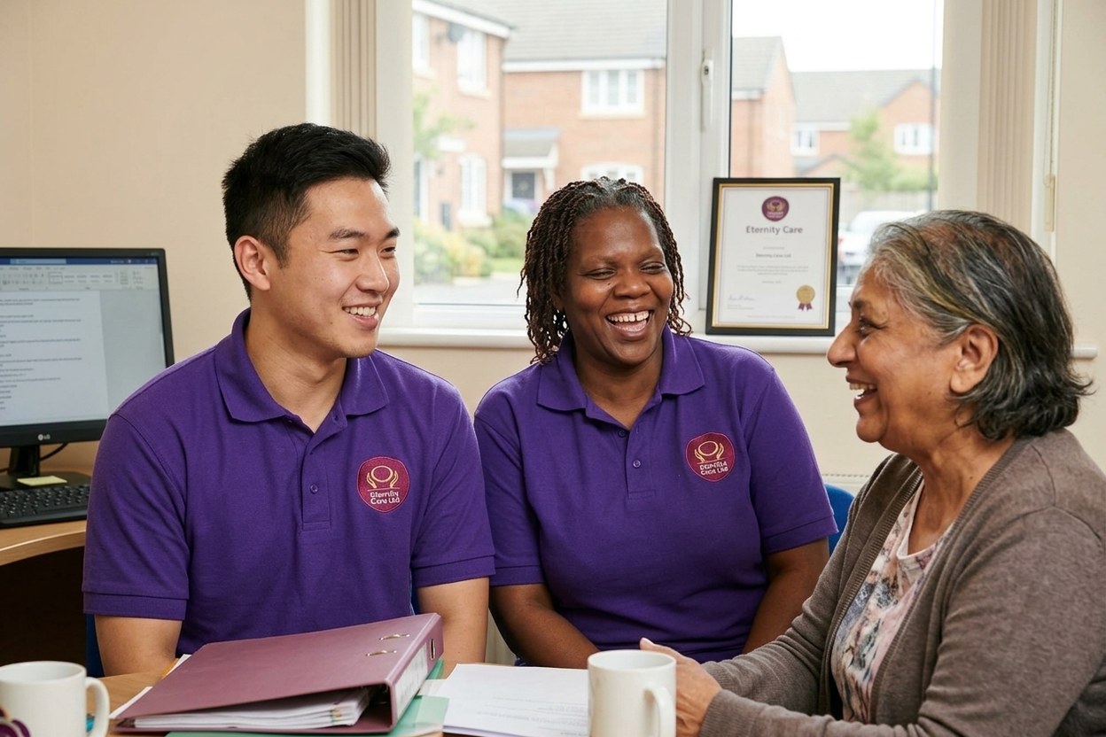 Diverse team of Eternity Care carers laughing together at the office in Birtley, Gateshead