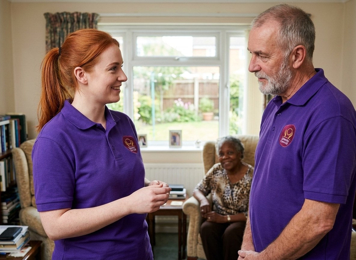 Experienced Eternity Care carer mentoring a new carer on a shadow shift during a home visit