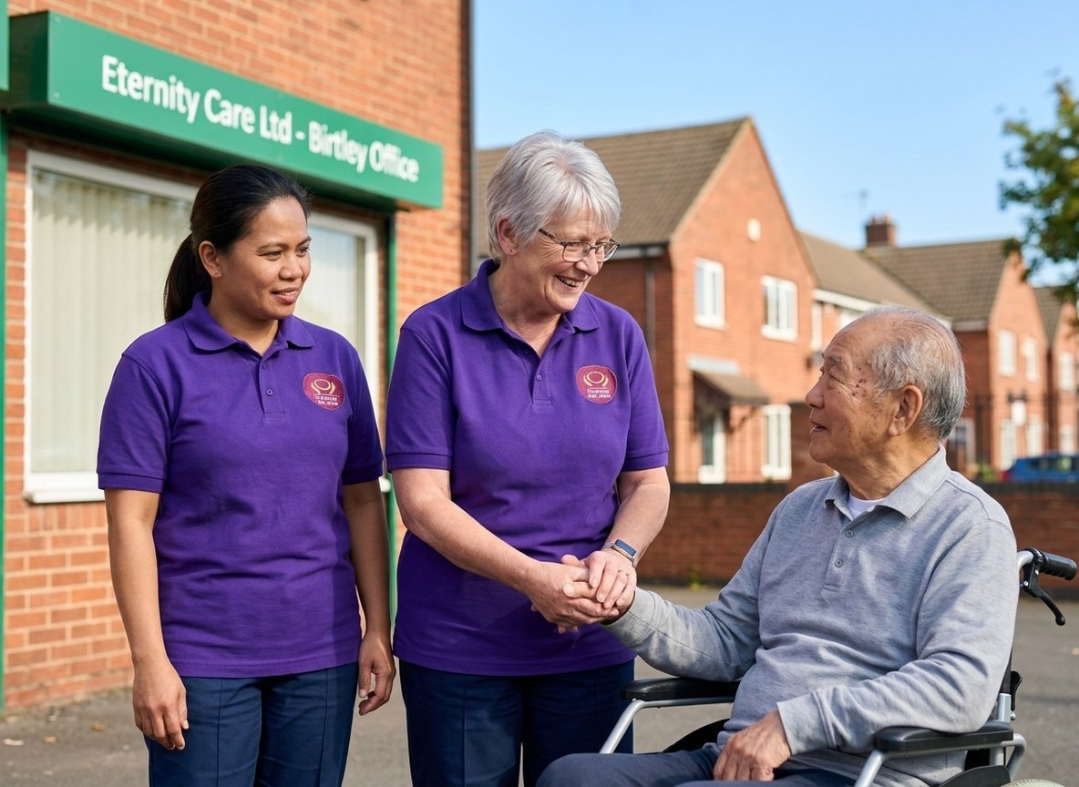 Eternity Care team of three carers in plum uniforms outside the Birtley office in Gateshead