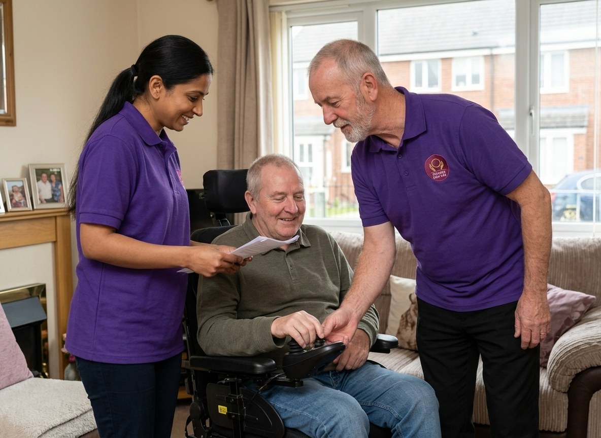 Two Eternity Care complex care workers supporting a man in a powered wheelchair at home in Gateshead