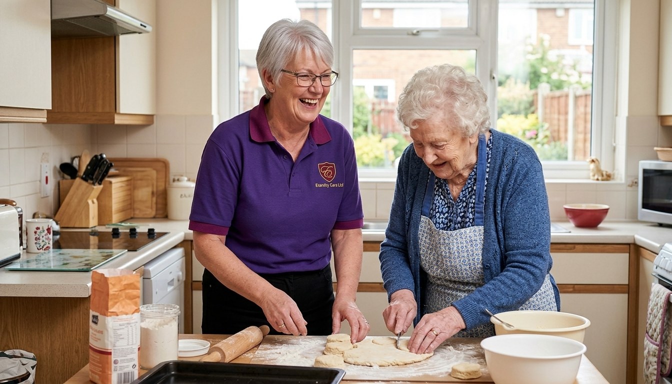 Eternity Care companionship carer baking scones with an elderly woman in her kitchen in Birtley