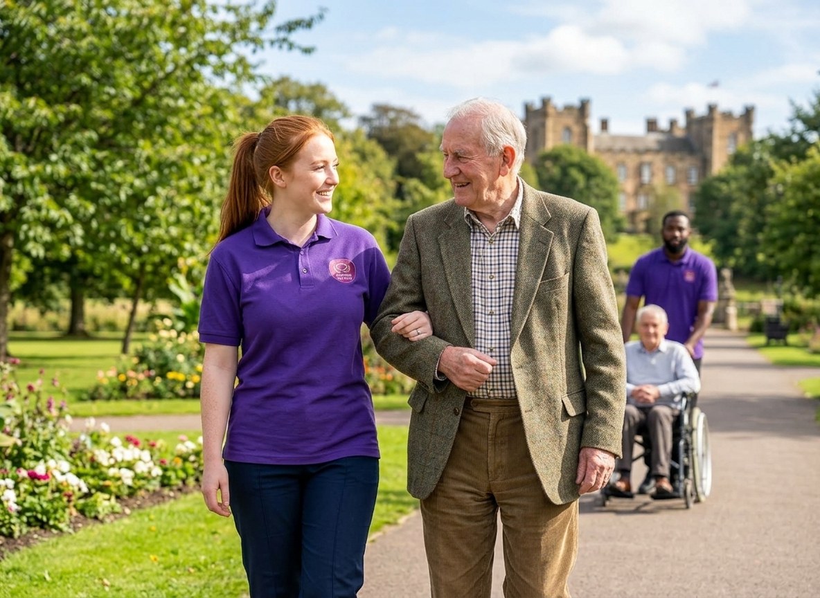Eternity Care carer walking arm in arm with an elderly man through a park in Chester-le-Street