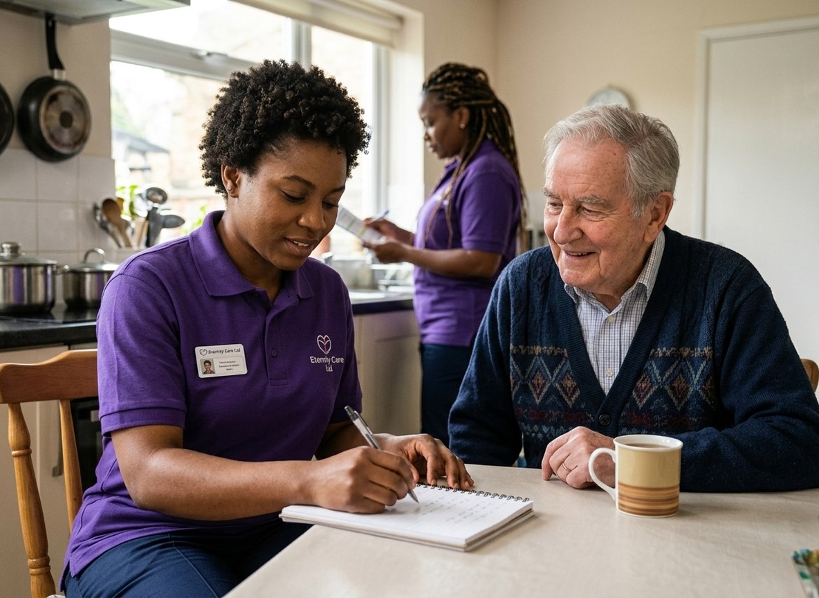 Eternity Care complex care worker recording notes beside a client's bed during evening support