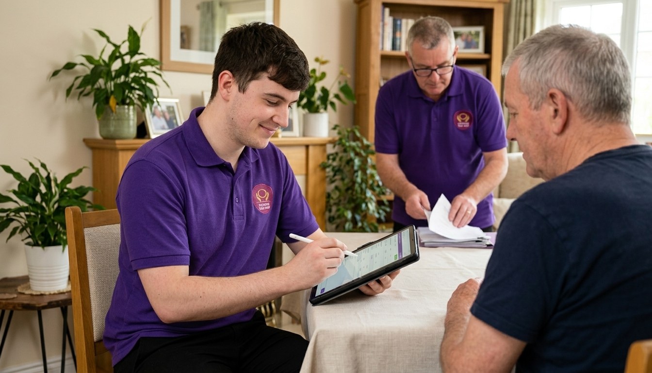 Eternity Care complex care worker completing daily care records on a tablet in a client's home
