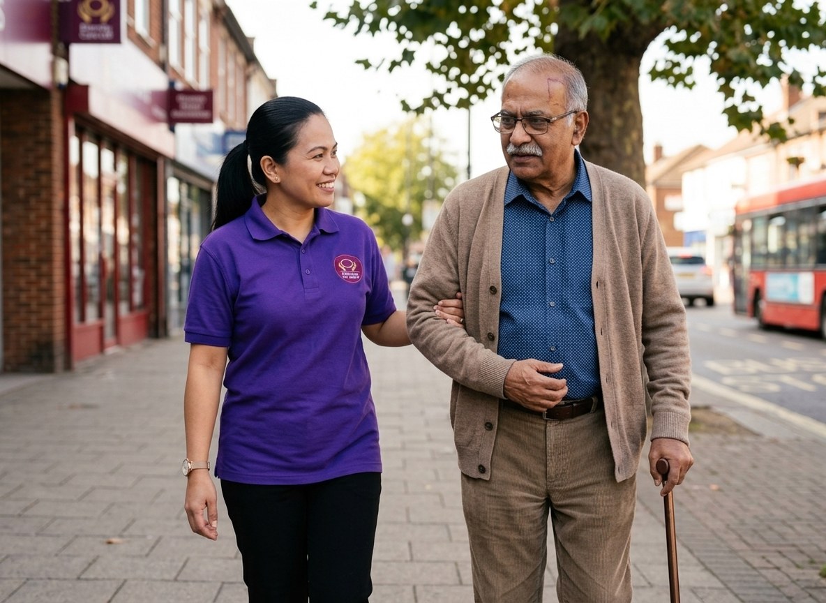 Eternity Care support worker walking beside a young man with a brain injury during a community outing