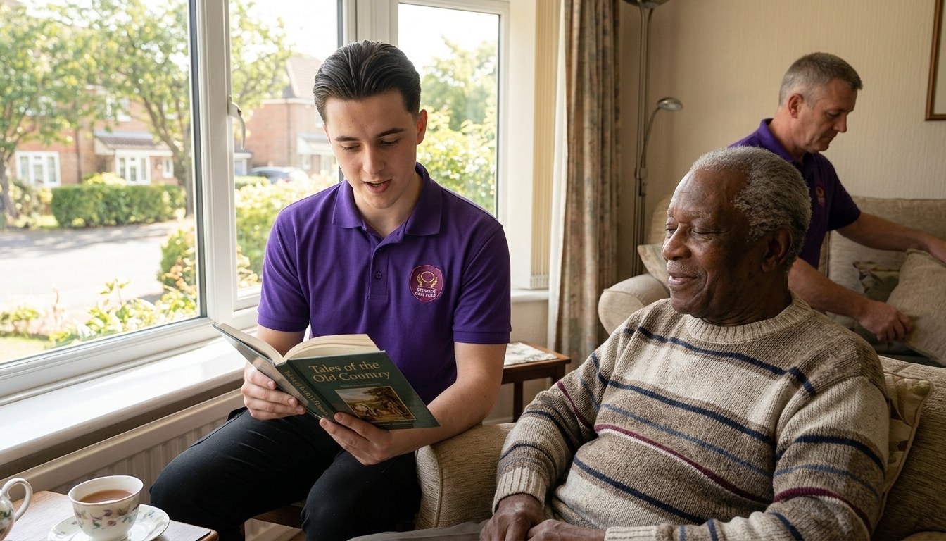 Eternity Care carer reading aloud to an elderly man resting comfortably by the window at home