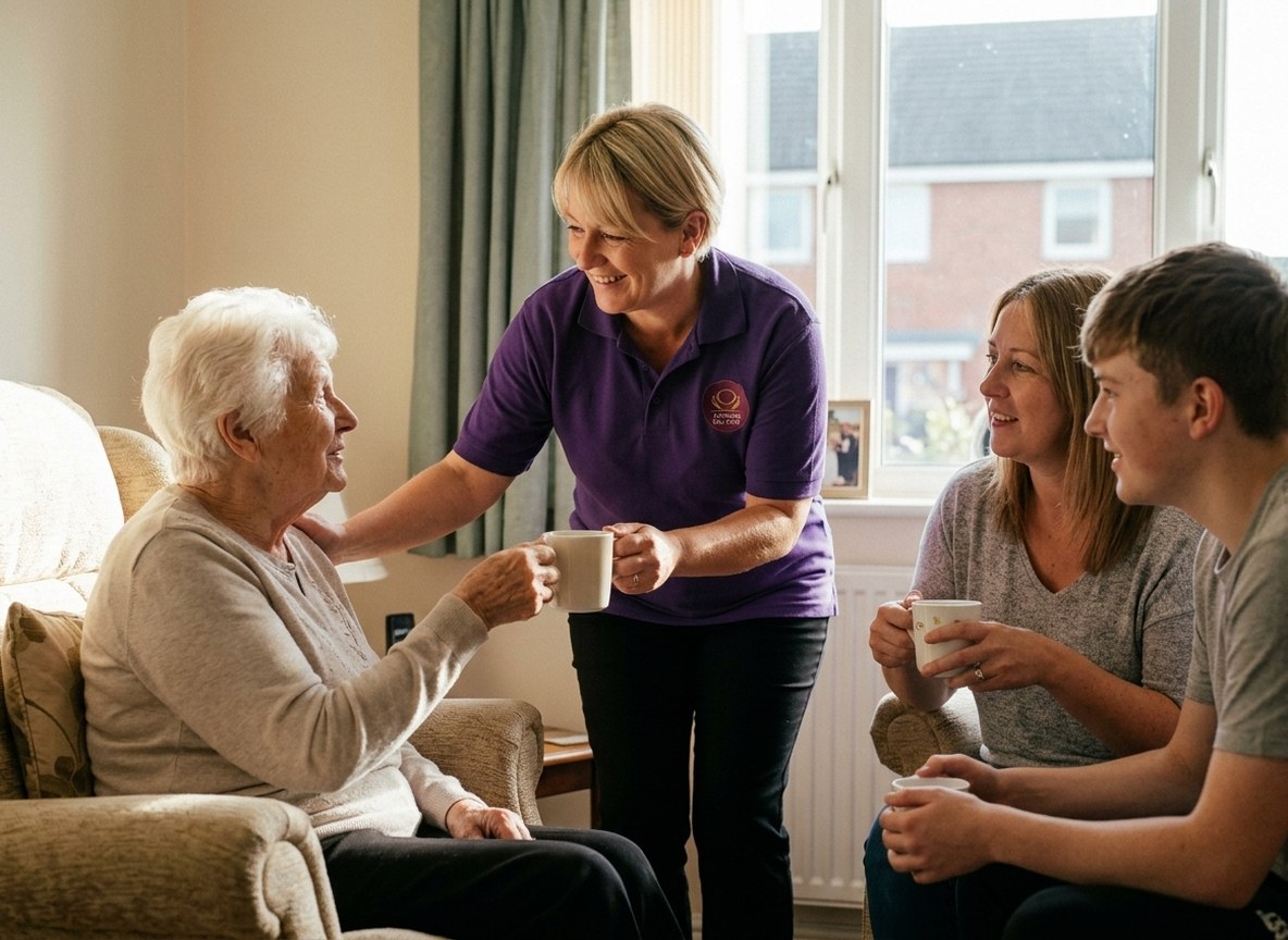 Eternity Care carer offering comfort and a cup of tea to a family at home in Gateshead