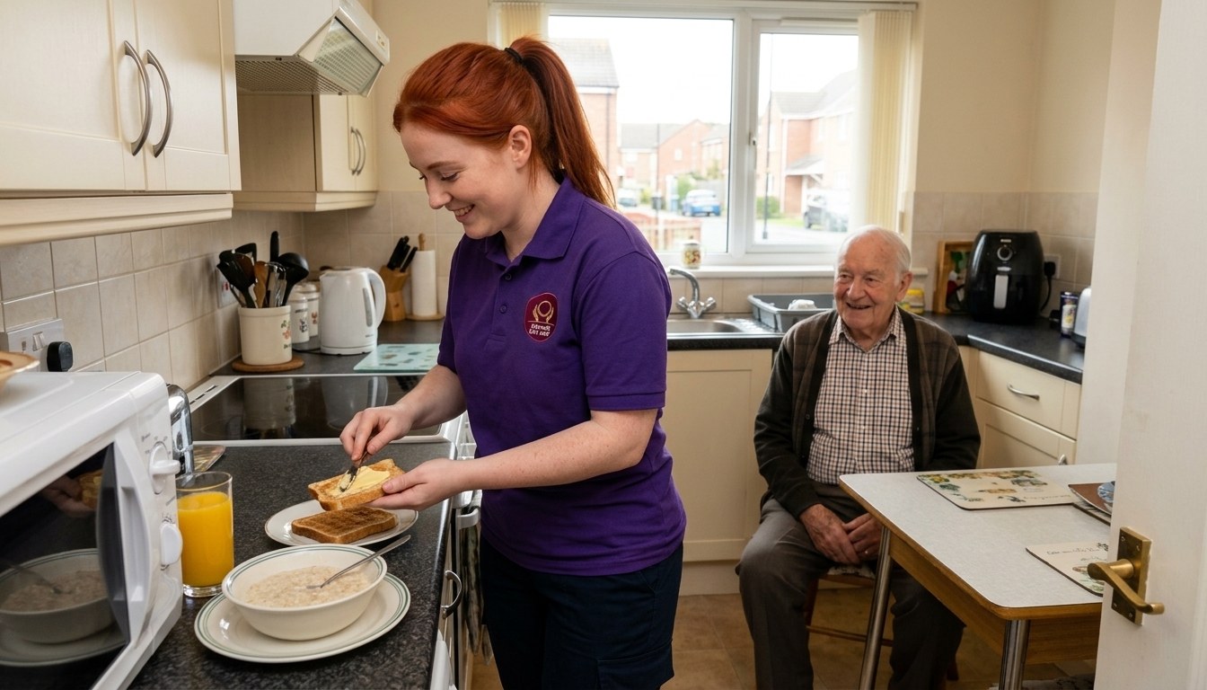 Eternity Care home care worker preparing breakfast for an elderly man in his kitchen in Gateshead