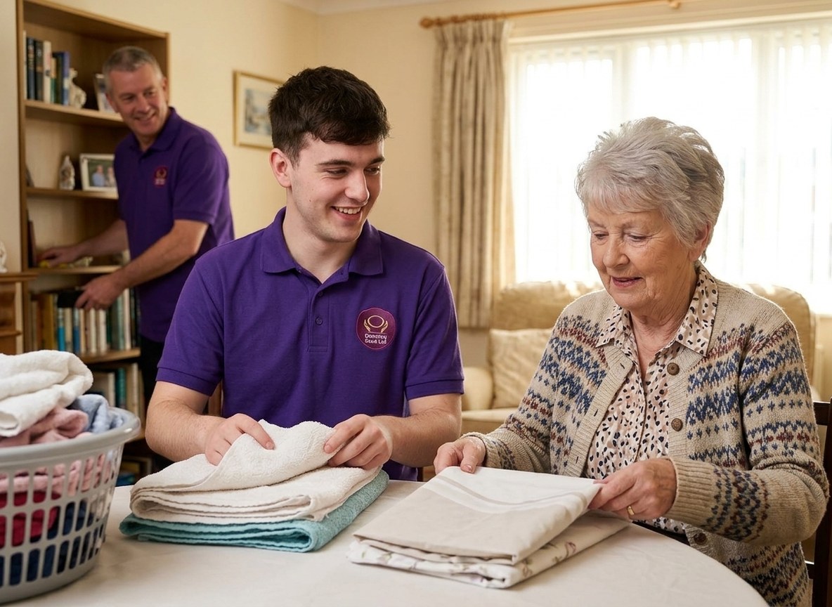 Eternity Care carer folding laundry with an elderly woman during a home care visit in Gateshead
