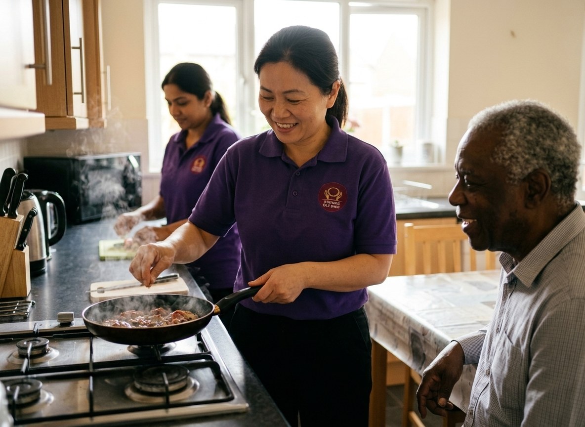 Eternity Care live-in carer cooking an evening meal for an elderly man in his kitchen in Gateshead