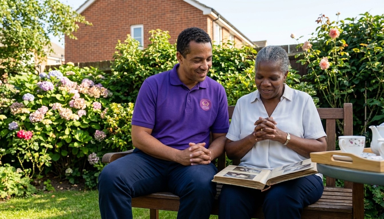 Eternity Care live-in carer sharing a quiet morning in the garden with an elderly woman at home