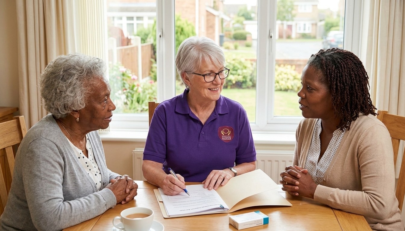 Eternity Care carer reviewing a medication support plan with an elderly woman and her daughter in Chester-le-Street
