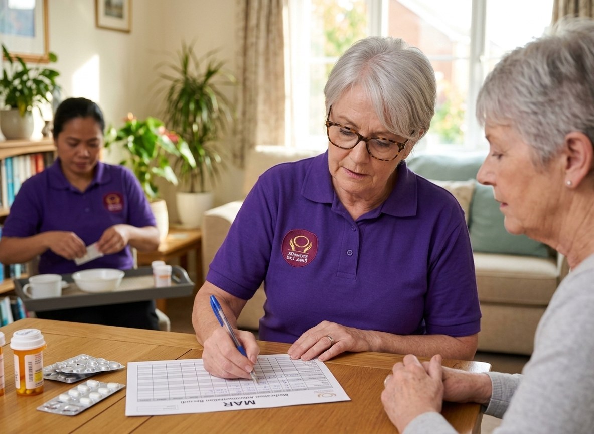 Eternity Care carer recording a dose on a medication administration record during a home visit