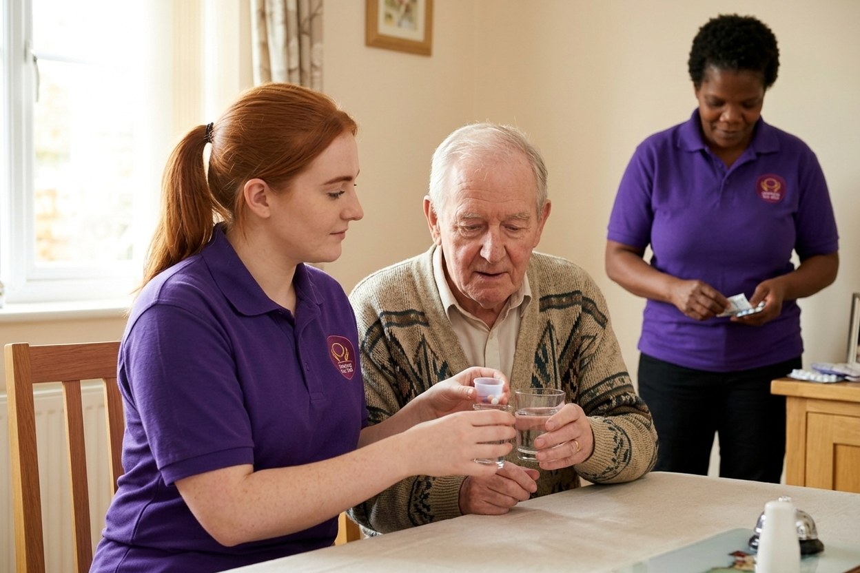 Eternity Care carer helping an elderly man take his morning medication at home in Gateshead