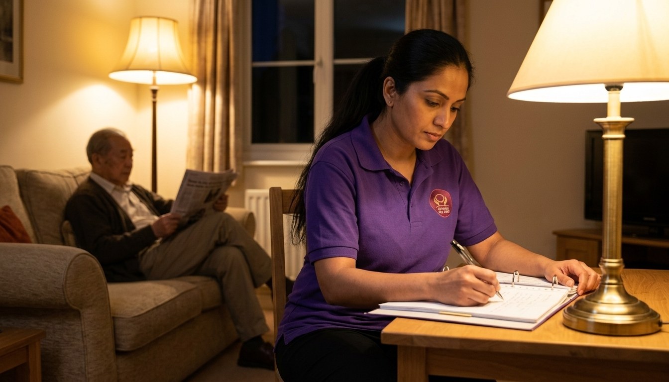 Eternity Care waking night carer recording night notes by lamplight in a client's home
