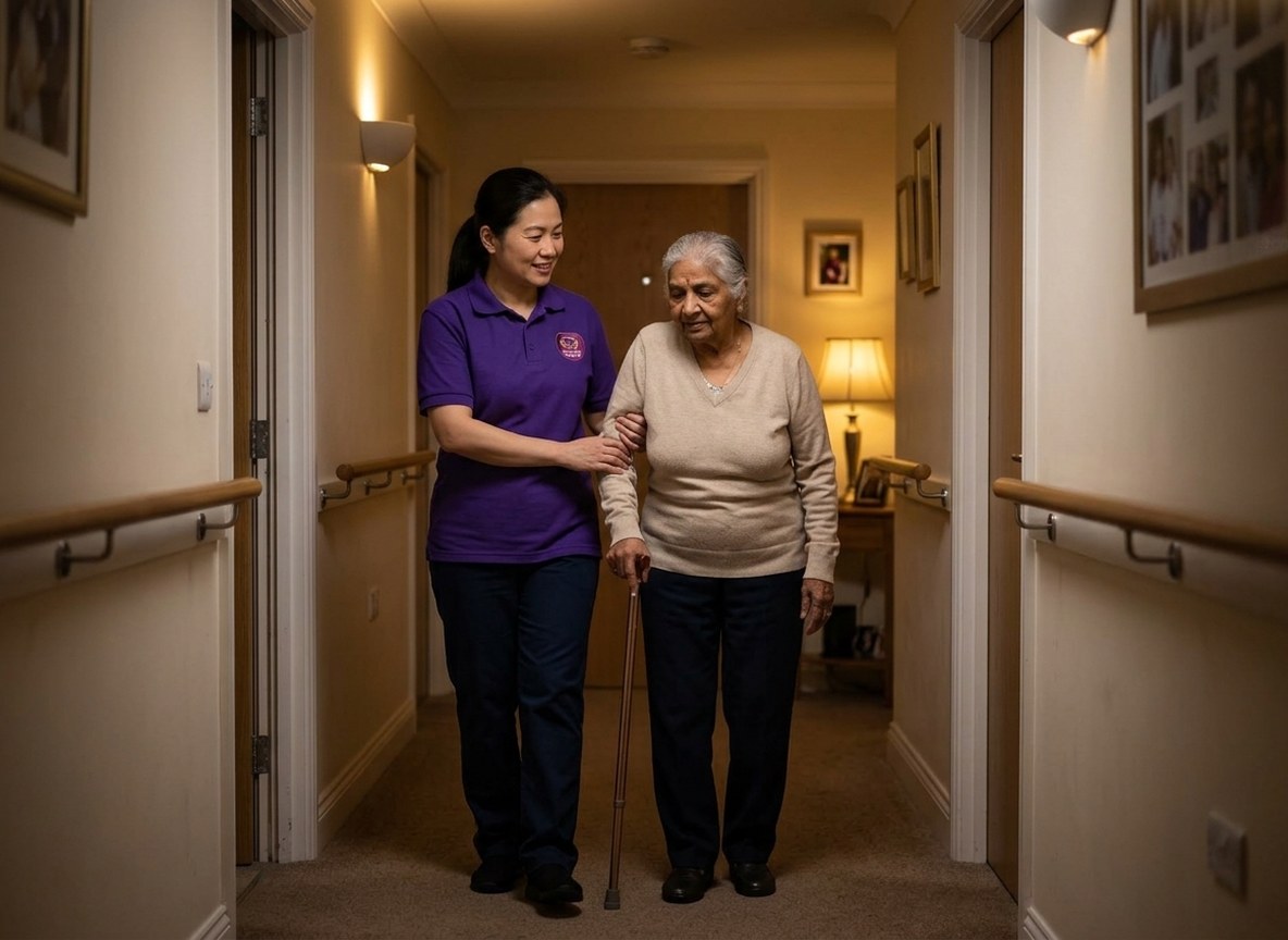 Eternity Care night carer safely supporting an elderly man to walk along a landing at night