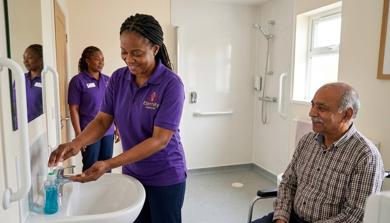 Eternity Care carer washing her hands in an accessible bathroom before a personal care visit