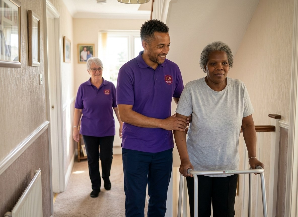 Eternity Care carer supporting an elderly man to walk with a frame in his hallway in Gateshead