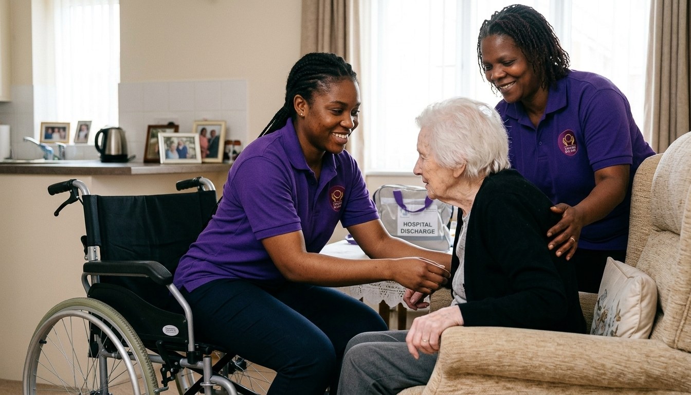 Eternity Care carer settling an elderly man safely at home after a rapid hospital discharge