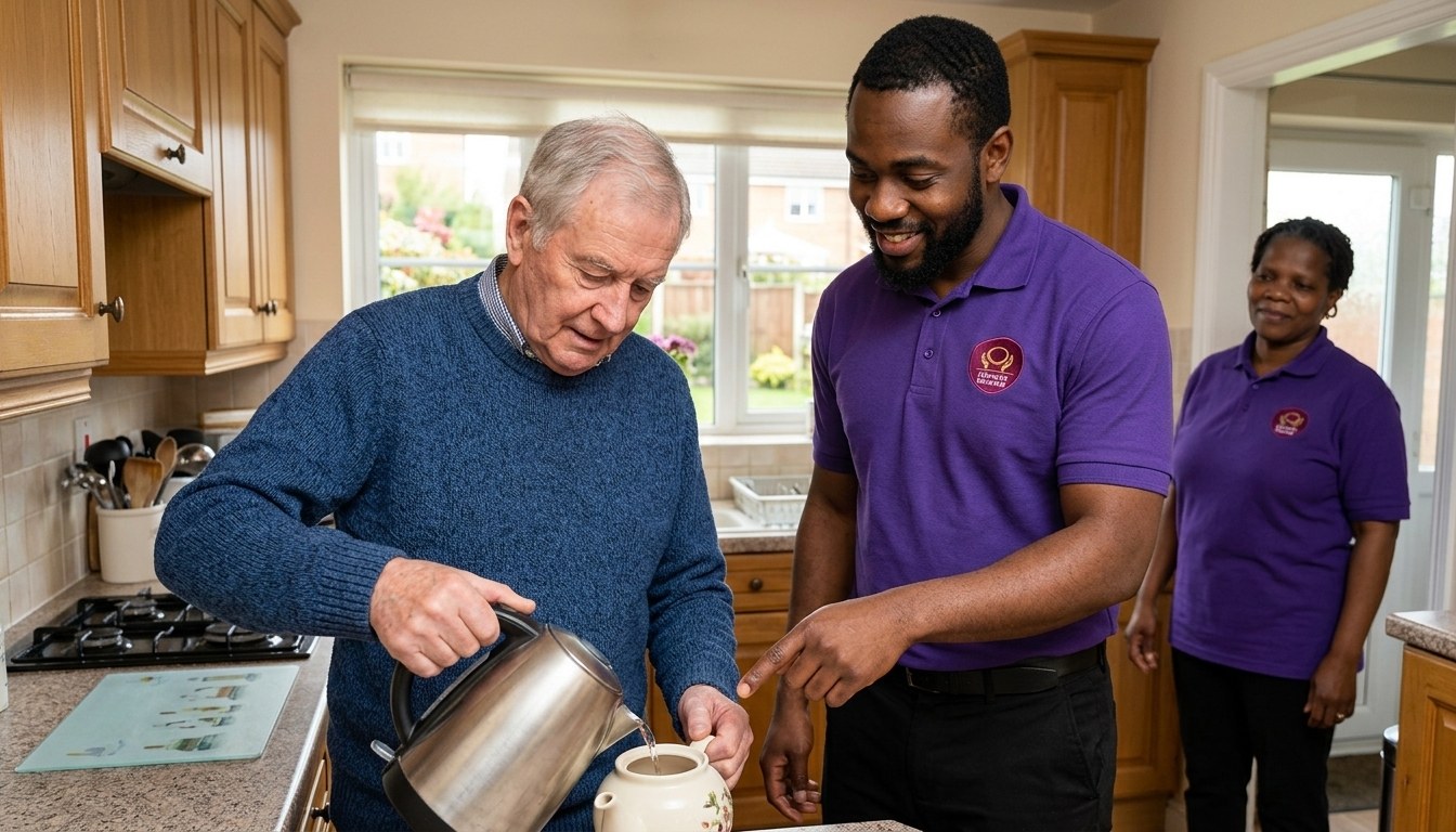 Elderly woman making her own cup of tea with encouragement from an Eternity Care reablement carer