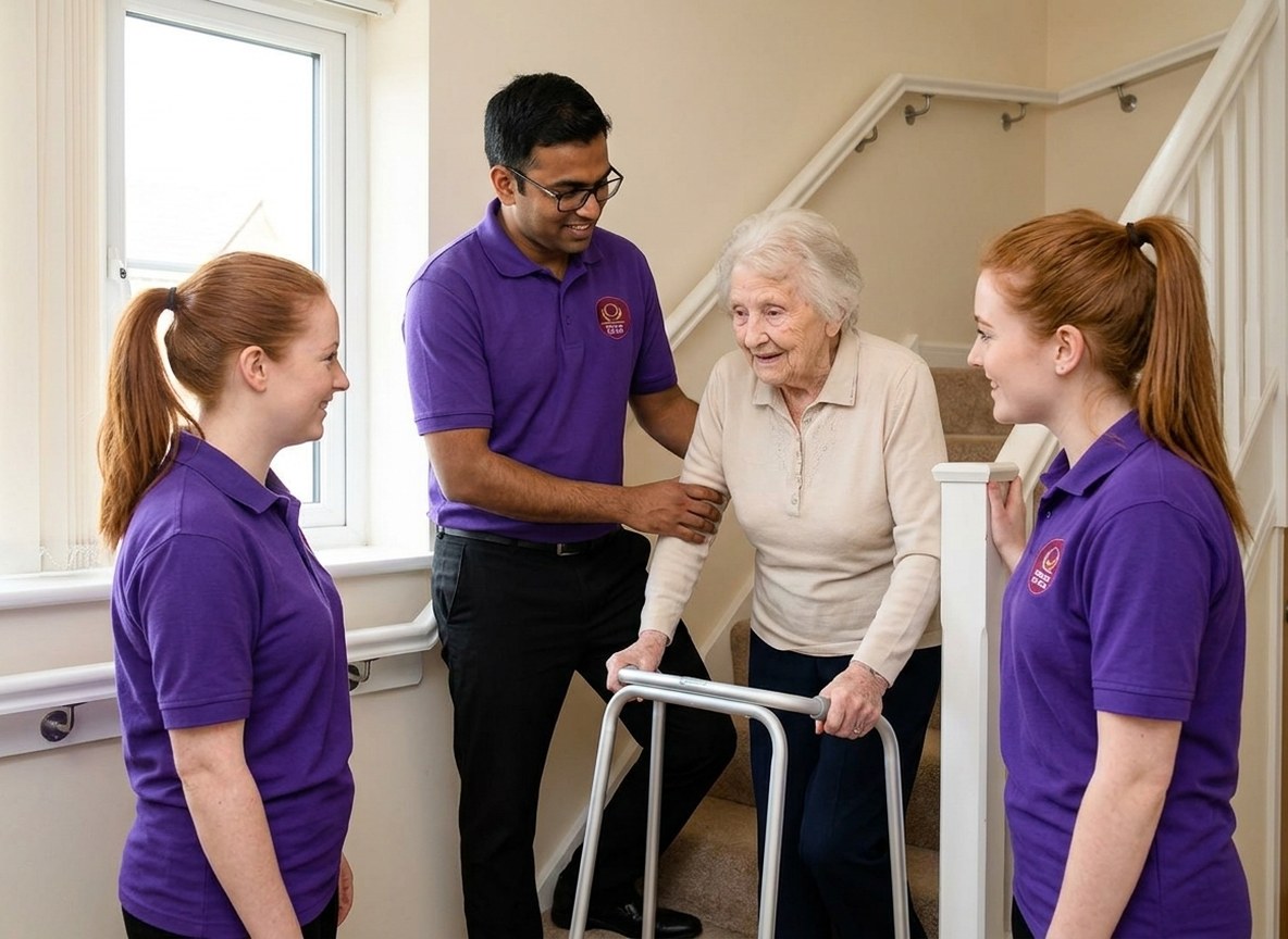 Eternity Care reablement carer supporting a man to practise climbing the stairs safely after hospital