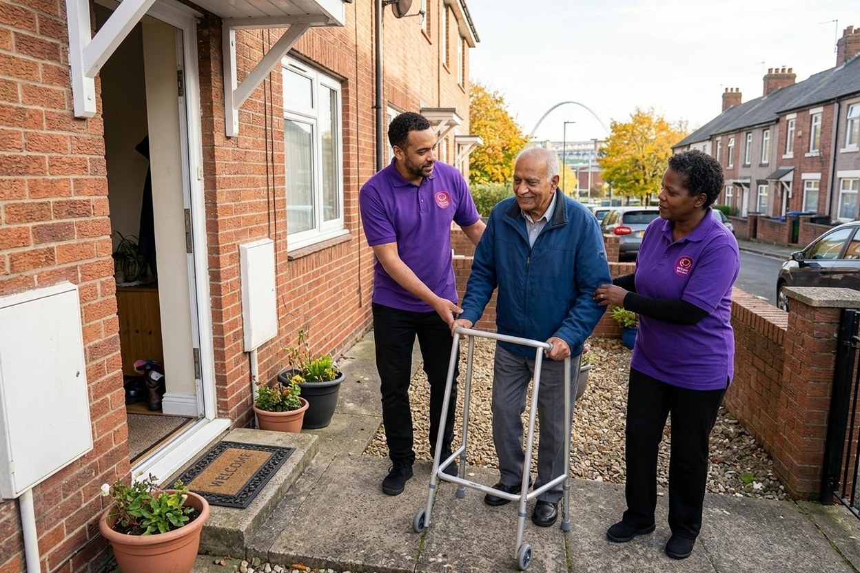 Eternity Care carer helping an elderly woman with a walking frame arrive home from hospital in Gateshead