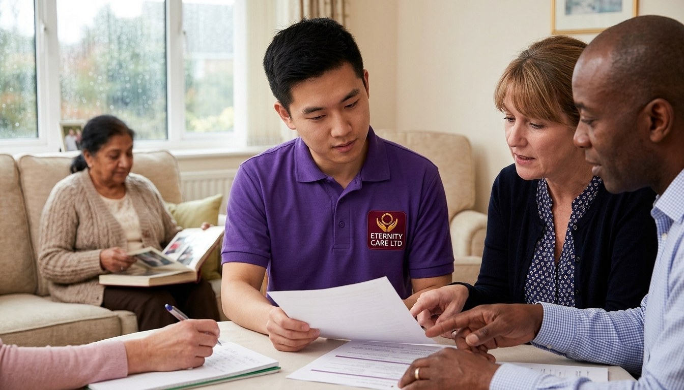 Eternity Care coordinator reviewing a complex care plan with a case manager and social worker