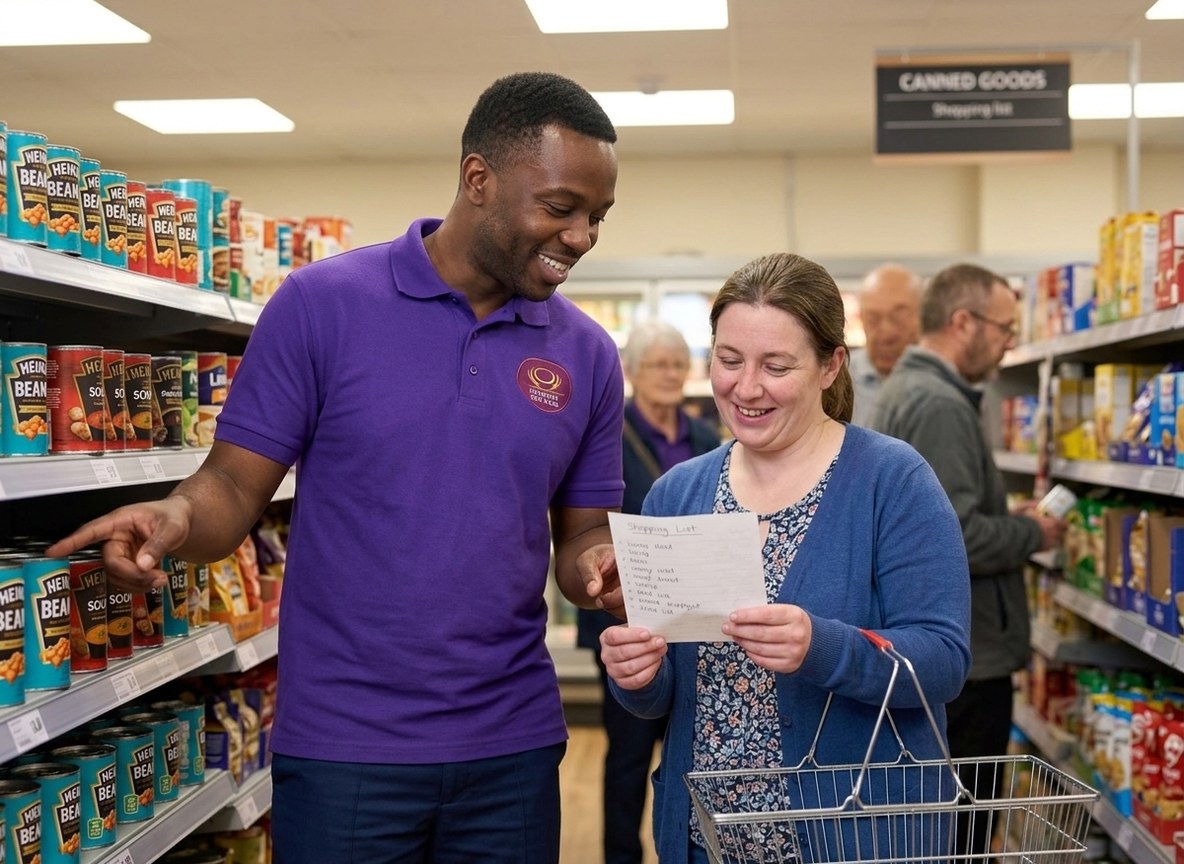 Eternity Care support worker helping a woman with a learning disability check her shopping list in a local supermarket