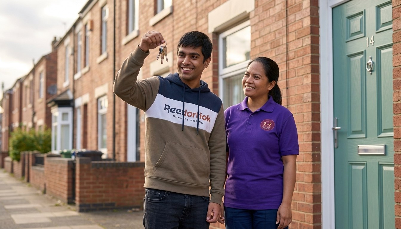 Young autistic man holding up the keys to his own flat with an Eternity Care support worker behind him